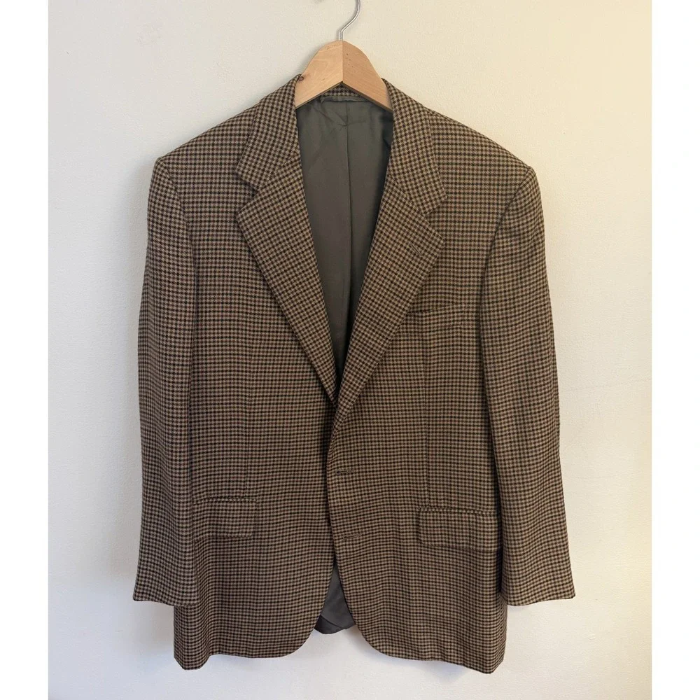 Sulka 100% Cashmere Sport Coat 52R Made in Italy, Brown Houndstooth, Double Vent